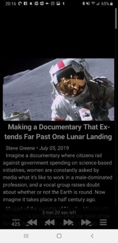 Screenshot from the Reedy Android app showing the featured image of an astronaut on the lunar surface, the headline, "Making a documentary that extends past one lunar landing," and the opening paragraph of the article on a black background with the speed reading controls along the bottom of the screen.